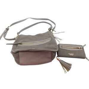 Guess Shoulder Bag Purse with Matching Wallet Set Faux Suede Gray Tassel